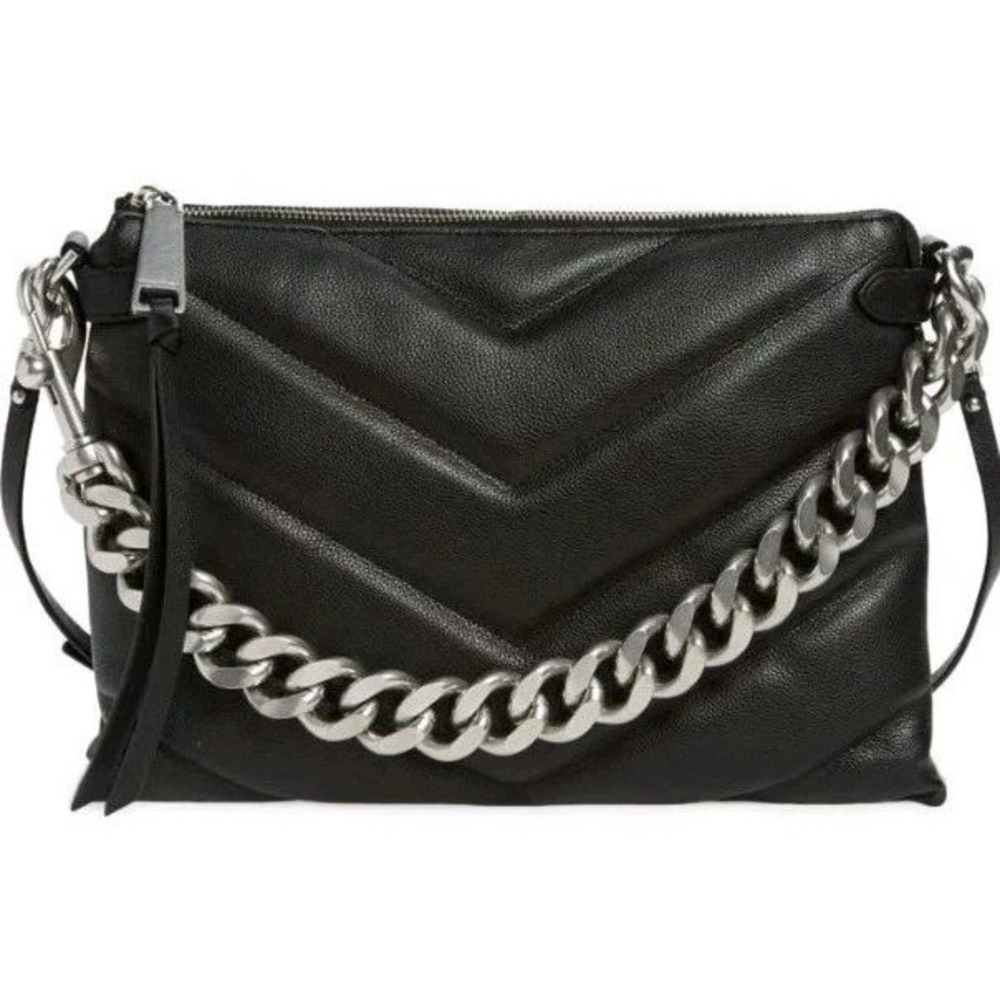 Rebecca Minkoff Edie Crossbody Bag Black Quilted Leather Silver Chain Small